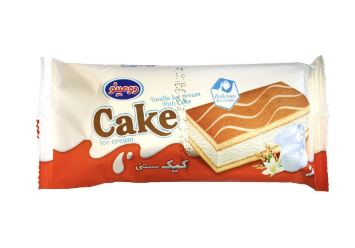 بستنی پاستوریزه شیری وانیلی ( مخلوط با چربی نباتی ) و کیک از برند دومینو وزن محصول ( 70 گرم )
