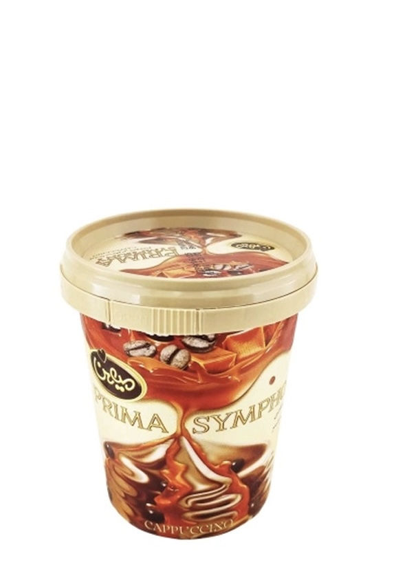 بستنی شیری کاپوچینو با سس کارامل و کریسپ شکلات برند میهن وزن محصول ( 350g )