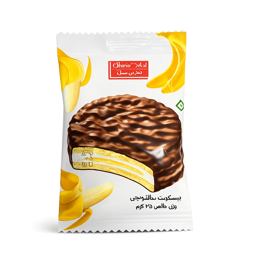 بیسکویت با مغزی ژله با طعم موز با روکش فراورده کاکائویی برند شیرین عسل وزن محصول ( 25g )
