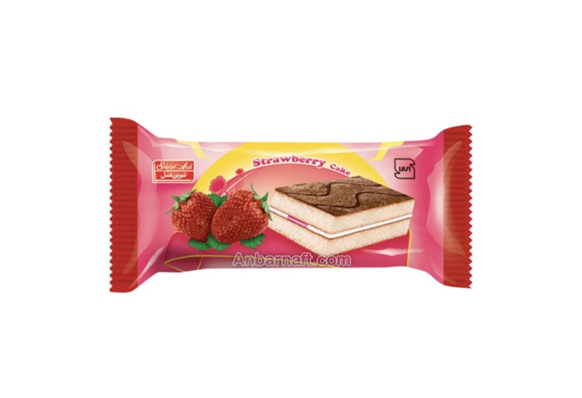 کیک دو لایه کرمدار ژله ای با طعم توت فرنگی با تزئین برند شیرین عسل وزن محصول (30 گرم)