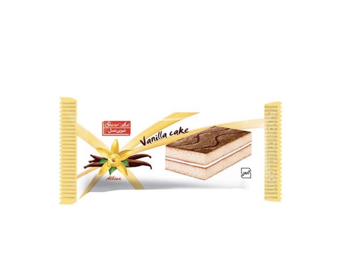 کیک اسفنجی دو لایه ای کرمدار با طعم وانیل از برند شیرین عسل وزن محصول ( 30 گرم )