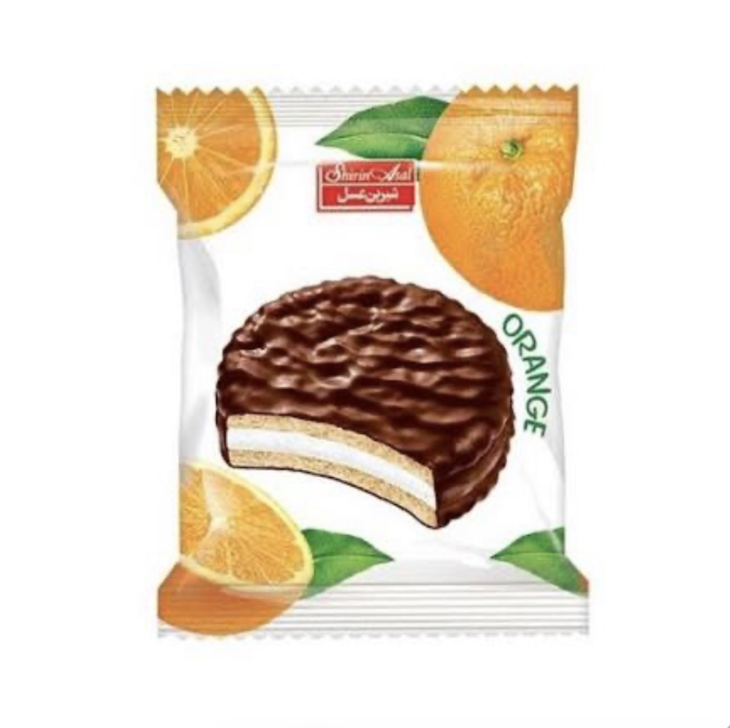 بیسکوییت با مغزی ژله با طعم پرتغال با روکش فراورده کاکائویی از برند شیرین عسل وزن محصول ( 25 گرم )