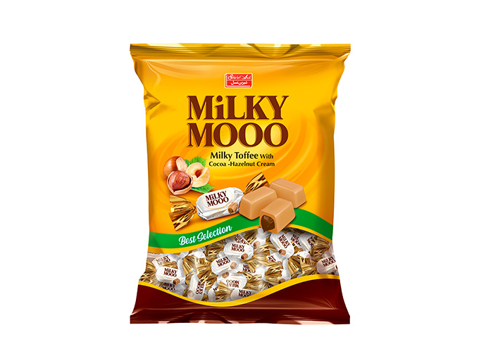 تافی شیری با مغزی کرم کاکائو با طعم فندق میلکی مووو برند شیرین عسل وزن محصول ( 1000g )