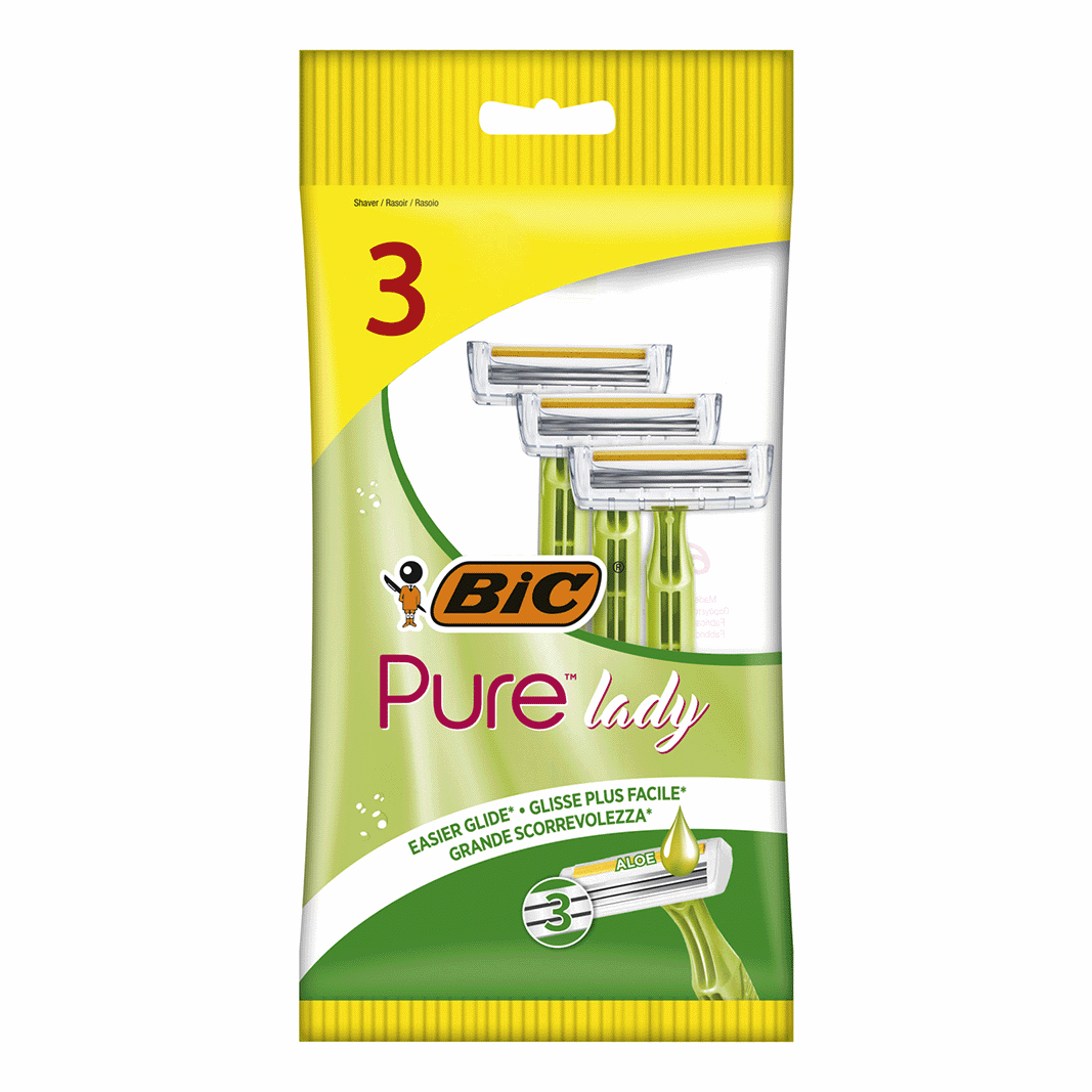 ژیلت " 3 لبه پیور لیدی سبز "  بیک ( ساخت یونان ) -  3 عدد ژیلت صابوندار حاوی عصاره آلوئه ورا ( ویژه بانوان )