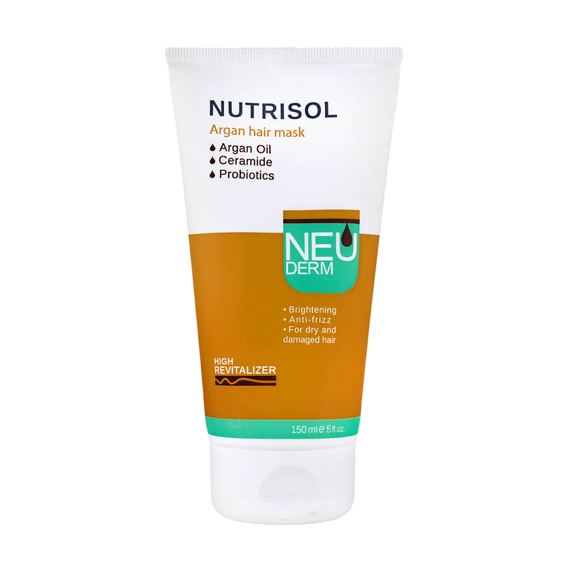 ماسک مو تیوپی " Nutrisol، با آبکشی " نئودرم - ( مناسب موهای خشک و آسیب دیده ) حاوی روغن آرگان، سرامید و پروبیوتیک ها، براق کننده و از بین برنده موخوره و وز مو ( 150 میلی لیتر )