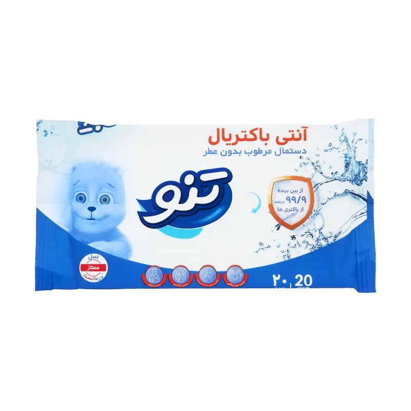 دستمال مرطوب " معطر آنتی باکتریال " تنو - مناسب دست و صورت، بدون الکل، پارابن و چسبندگی ( 20 عددی )