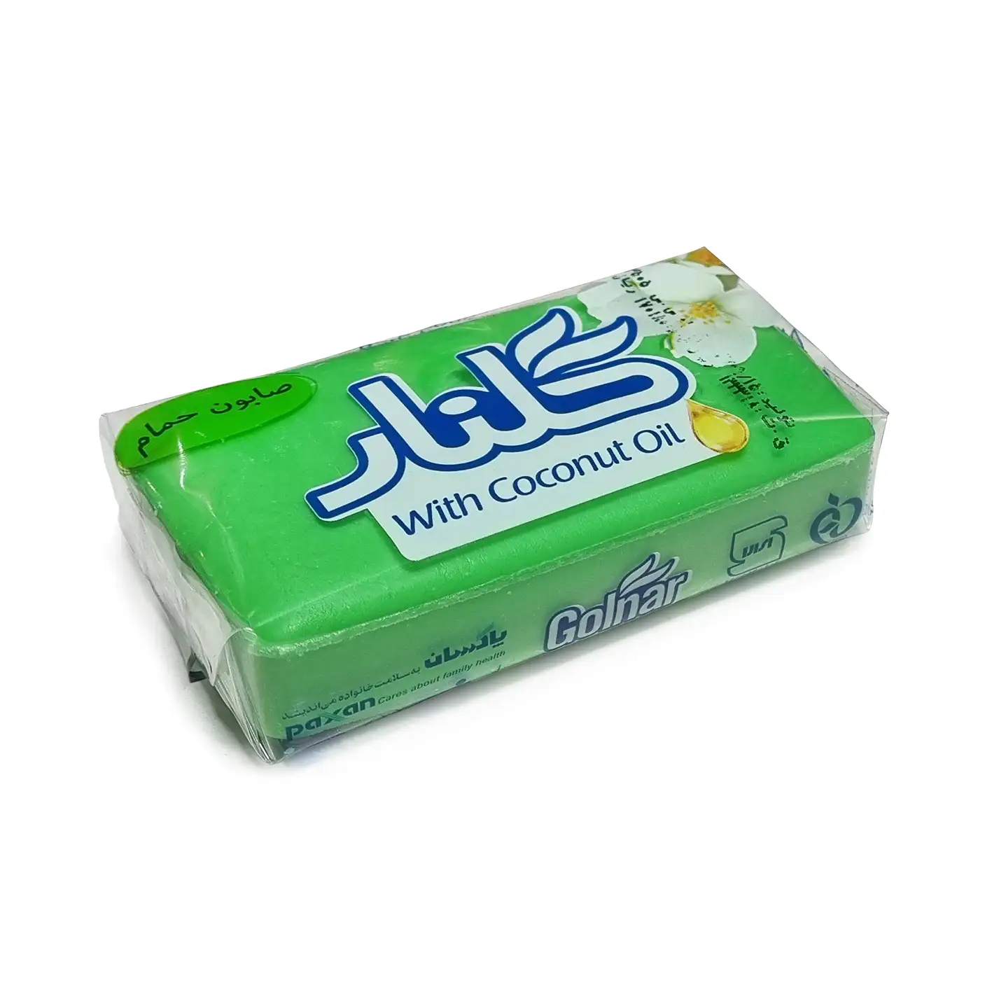 صابون " حمام " گلنار - ( بسته سلفونی، دارای روغن نارگیل ) حاوی 1 عدد صابون سبز ( قالب 130 گرمی )