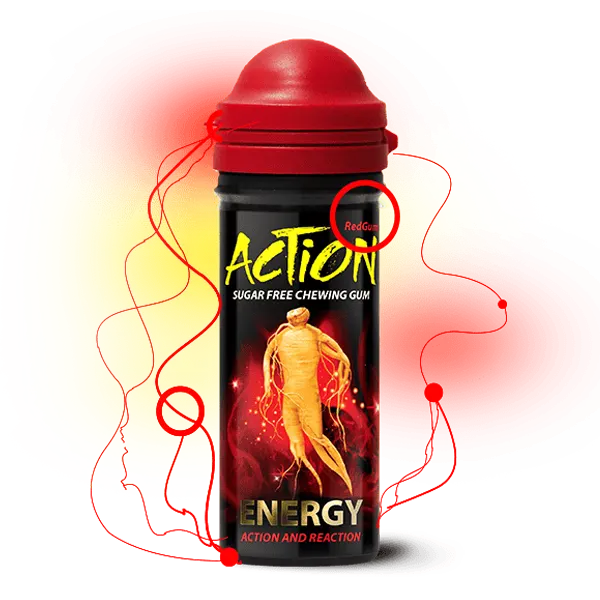 آدامس دراژه " انرژی زا Red Gum " اکشن - (حاوی کافئین و عصاره جینسینگ ) دارای ویتامین های گروه B، موم کارنوبا، زایلیتول و سوربیتول ( حاوی 24 عدد آدامس )