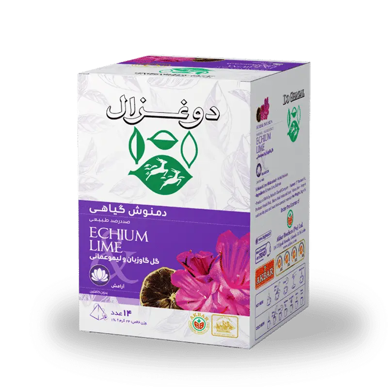 دمنوش گیاهی کیسه ای " گل گاو زبان و لیمو عمانی " دوغزال - ( بدون کافئین، 100 درصد طبیعی ) حاوی گل گاوزبان، لیمو عمانی، و سنبل الطیب ( بسته 14 عددی )