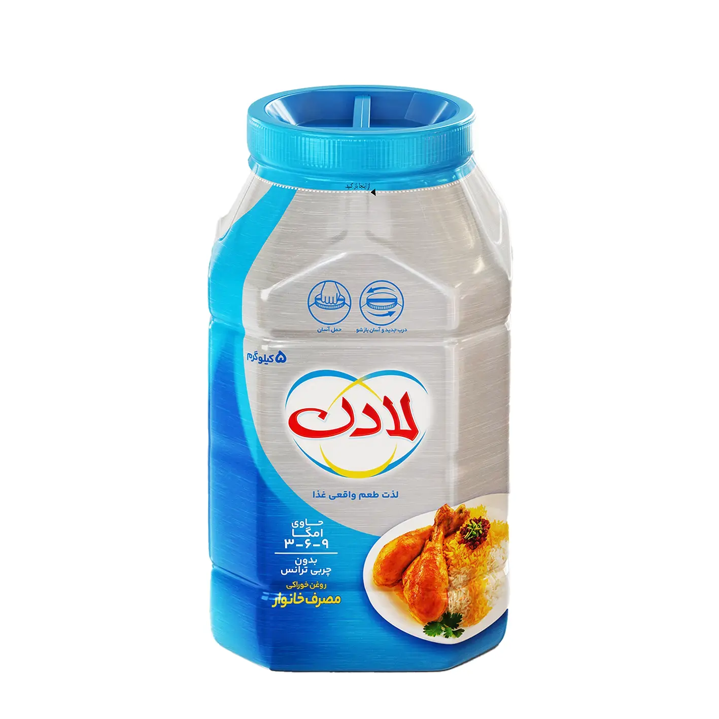 روغن نباتی نیمه جامد " زیرو ترانس " لادن - ( ویژه پخت و پز ) بدون چربی ترانس، حاوی روغن آفتابگردان و سویا تراریخته و پالم اولیئن، دارای امگا 3، 6، 9 ، ویتامین های A و E ( دبه  5 کیلویی )