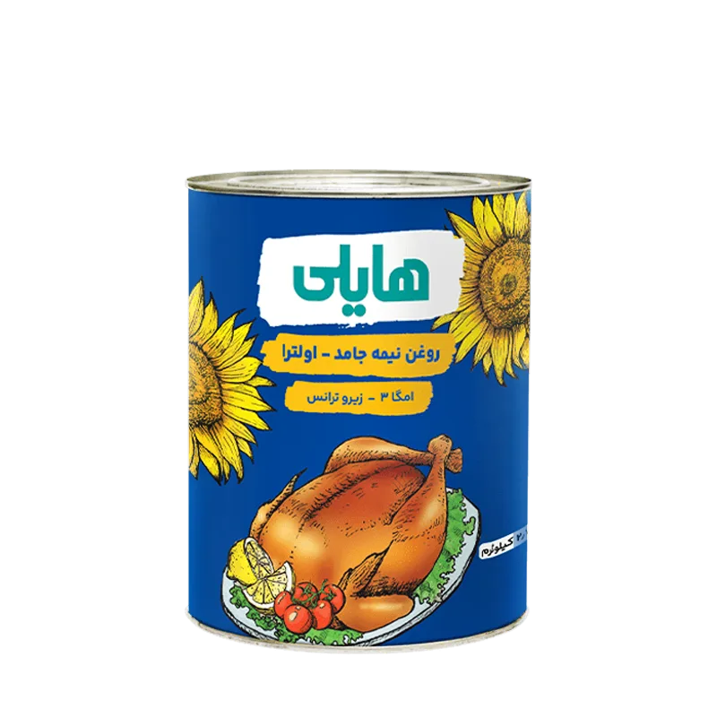 روغن نباتی نیمه جامد " زیرو ترانس " هایلی - ( ویژه پخت و پز ) حاوی روغن آفتابگردان، کلزا و پالم اولئین تصفیه شده، دارای امگا 3، 6 و آنتی اکسیدان ( حلب 2.7 کیلویی )