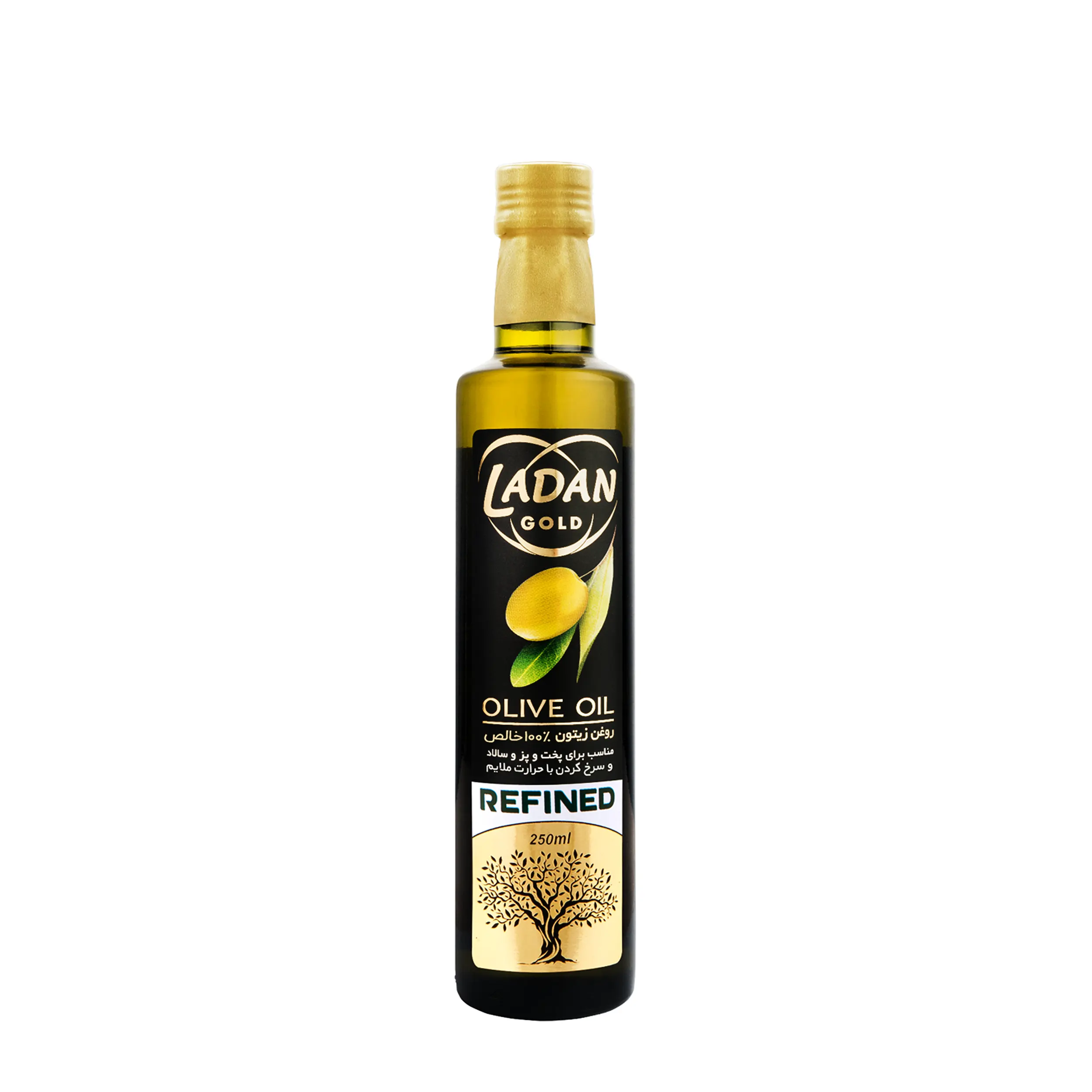 روغن زیتون " پالایش شده " لادن طلایی - ( بطری شیشه ای، 100 درصد خالص ) حاوی روغن زیتون پالایش شده و روغن زیتون بکر ( 225 گرمی )