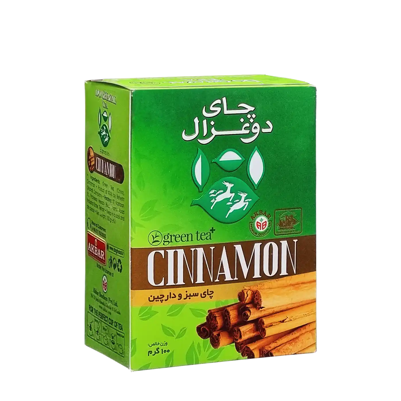 چای سبز خارجی " طعم دار و معطر دارچین " دوغزال - ( چای پاکتی ) دستچین شده از مزارع چای چین، حاوی تکه های دارچین ( 100 گرمی )