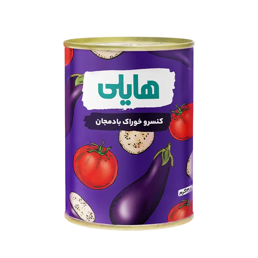 کنسرو " خوراک بادمجان " هایلی - ( دارای ادویه مخصوص ) حاوی روغن مایع آفتابگردان، و رب گوجه فرنگی ( 380 گرمی )