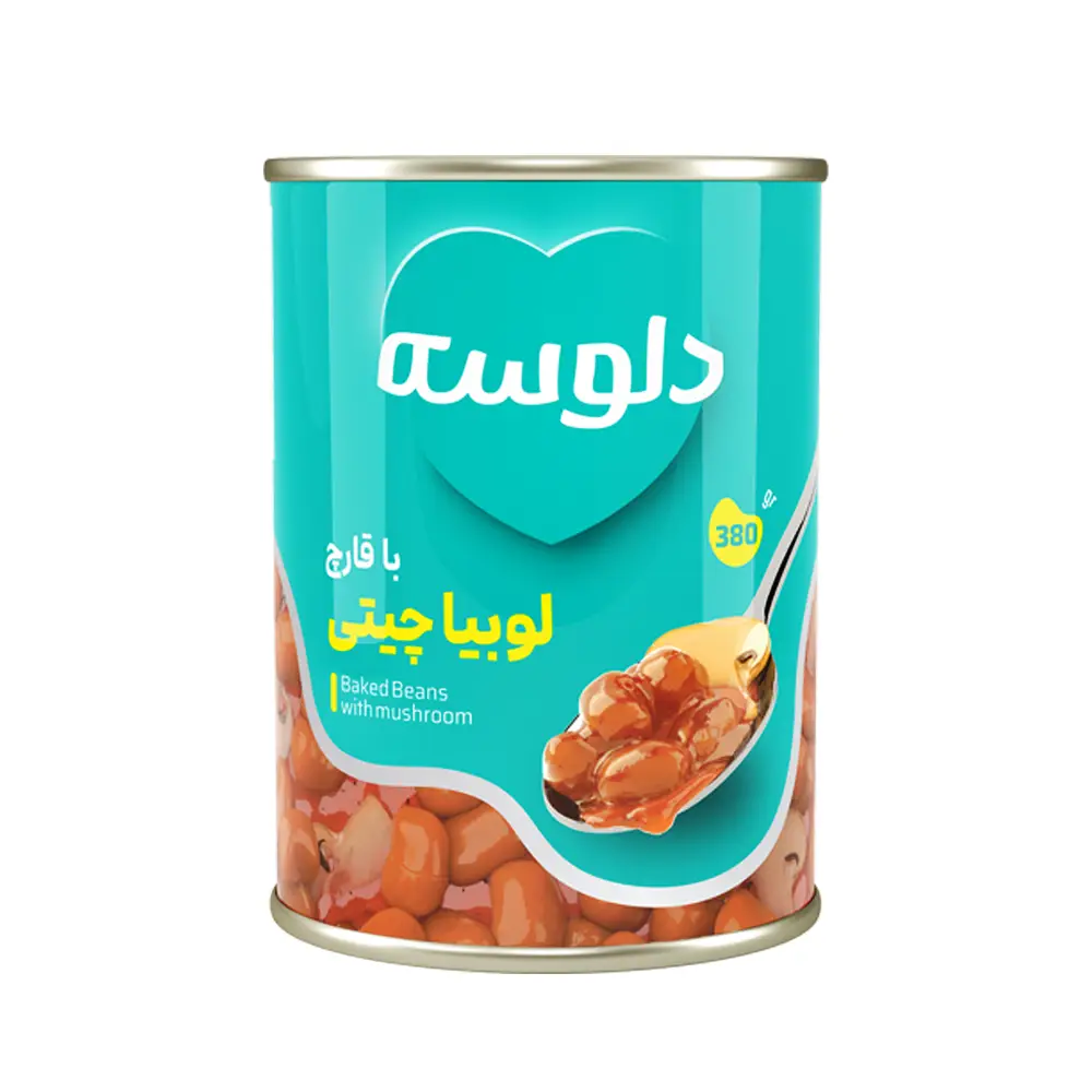 کنسرو " لوبیا چیتی با قارچ " دلوسه - ( دارای ادویه ) حاوی روغن مایع آفتابگردان، و رب گوجه فرنگی ( 380 گرمی )