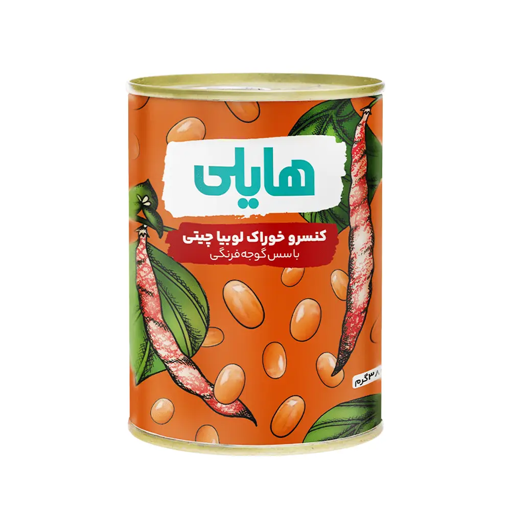 کنسرو " لوبیا چیتی با سس گوجه فرنگی " هایلی - ( دارای ادویه ) حاوی روغن مایع آفتابگردان، و رب گوجه فرنگی ( 380 گرمی )