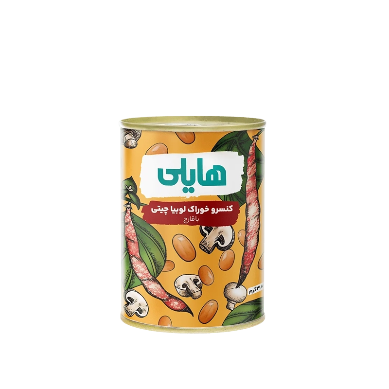 کنسرو " لوبیا چیتی با قارچ " هایلی - ( دارای ادویه ) حاوی روغن مایع آفتابگردان، و رب گوجه فرنگی ( 380 گرمی )