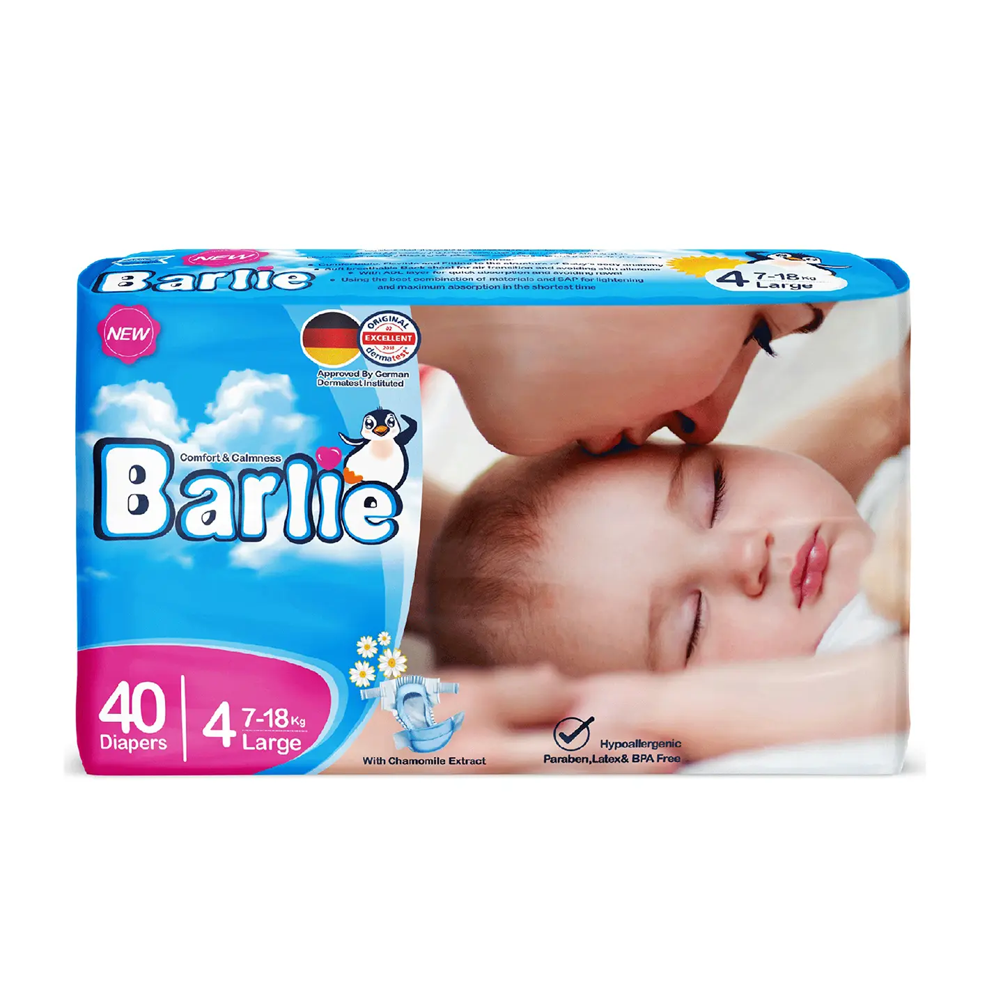 پوشک بچه " چسبی " بارلی - ( سایز 4 - بزرگ ) حاوی عصاره بابونه، بدون ایجاد حساسیت و سازگار با پوست، برای کودکان 7 الی 18 کیلویی ( 40 عددی )