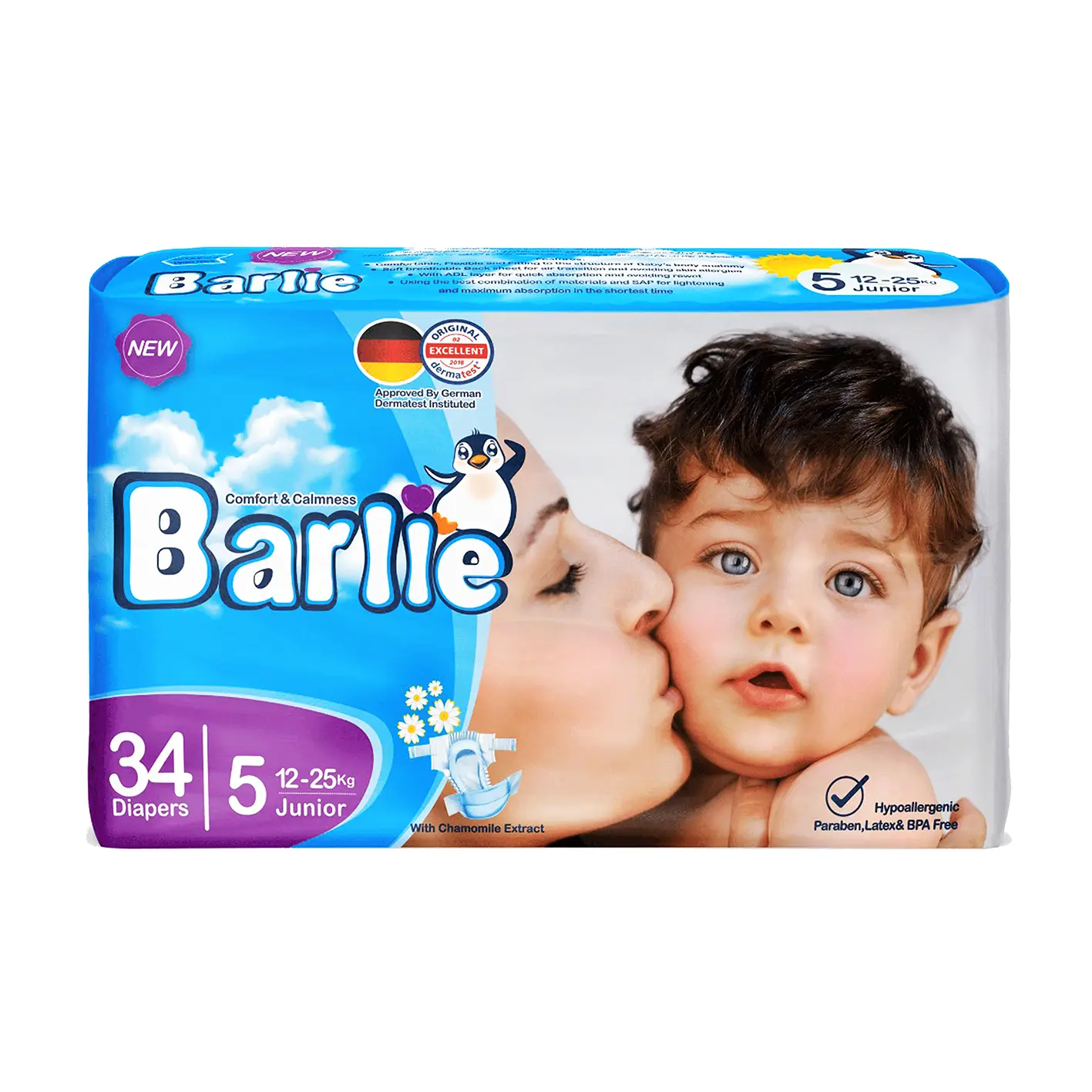 پوشک بچه " چسبی " بارلی - ( سایز 5 - خیلی بزرگ ) حاوی عصاره بابونه، بدون ایجاد حساسیت و سازگار با پوست، برای کودکان 12 الی 25 کیلویی ( 34 عددی )