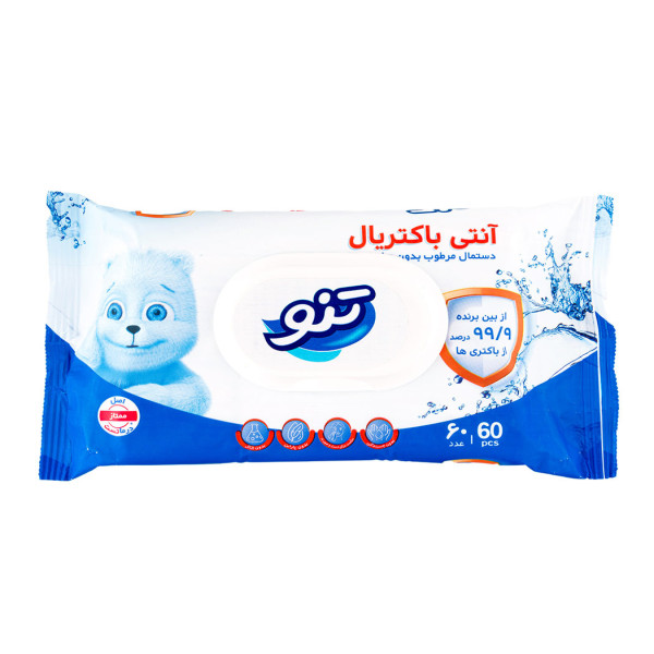 دستمال مرطوب  "  بدون عطر  "  تنو  -  آنتی باکتریال، مناسب دست و صورت، بدون الکل و پارابن  ( 60 عددی )
