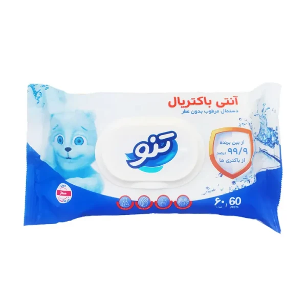 دستمال مرطوب " معطر آنتی باکتریال "  تنو  -  مناسب دست و صورت، بدون الکل، پارابن و چسبندگی ( 60 عددی )