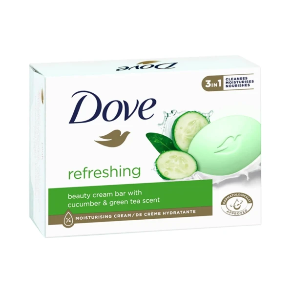 صابون آرایشی " 3 در 1 کرمی، Refreshing " داو - ( مرطوب کننده و تغذیه کننده پوست ) ایجاد حس تازگی پوست با رایحه خیار و چای سبز ( حاوی 1 عدد صابون -  90 گرمی )