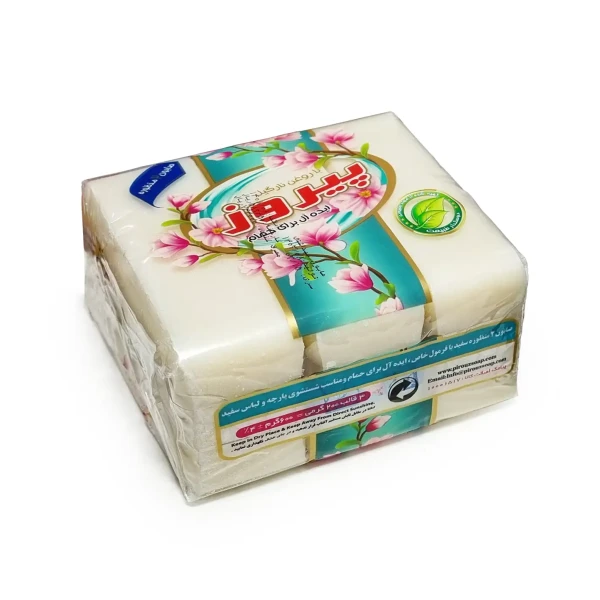 صابون " حمام 2 در 1 " پیروز - ( بسته سلفونی، دارای روغن نارگیل و روغن پنبه دانه ) حاوی 3 عدد صابون ( قالب 200 گرمی )