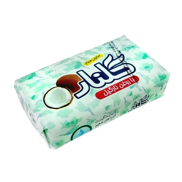 صابون " حمام " گلنار - ( بسته سلفونی، دارای روغن نارگیل ) حاوی 1 عدد صابون ( قالب 130 گرمی )