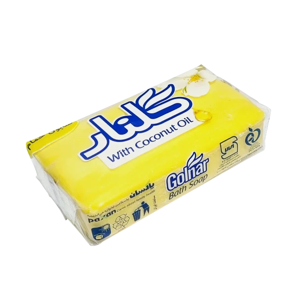 صابون " حمام " گلنار - ( بسته سلفونی، دارای روغن نارگیل ) حاوی 1 عدد صابون زرد ( قالب 130 گرمی )