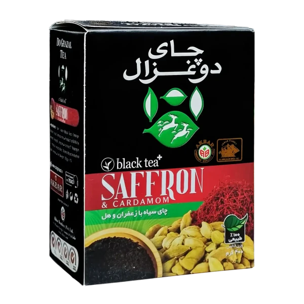 چای سیاه خارجی " طعم دار زعفران و هل " دوغزال - ( چای شکسته و سی تی سی CTC پاکتی ) دستچین شده از مزارع چای سیلان، حاوی رشته های زعفران و هل ( 400 گرمی )