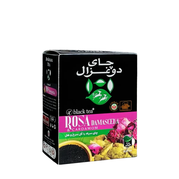 چای سیاه خارجی " طعم دار بهارنارنج و گل سرخ " دوغزال - ( چای شکسته و سی تی سی CTC پاکتی ) دستچین شده از مزارع چای سیلان، حاوی گلبرگ های گل سرخ و تکه های هل ( 100 گرمی )