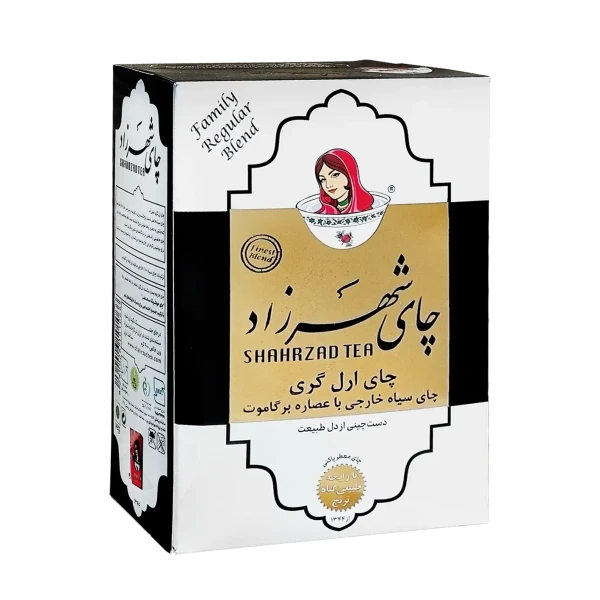 چای سیاه خارجی " معطر، ارل گری " شهرزاد - ( چای ممتاز شکسته پاکتی مشکی ) چای  100 درصد مرغوب، حاوی عصاره و رایحه برگاموت ( 400 گرمی )