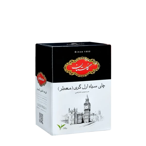 چای سیاه خارجی " معطر، ارل گری " گلستان - ( چای باروتی پاکتی مشکی ) چای سیلان و هندوستان، حاوی عصاره برگاموت ( 100 گرمی )