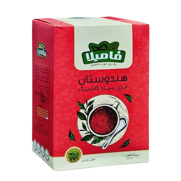 چای سیاه خارجی " غیر معطر کلاسیک " فامیلا - ( چای شکسته پاکتی قرمز ) چای آسام هندوستان، با عطر دلنشین، طعم گس و رنگ آلبالویی ( 450 گرمی )