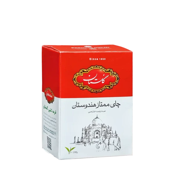 چای سیاه خارجی " غیر معطر " گلستان - ( چای ممتاز شکسته زرین پاکتی قرمز ) چای آسام و دارجیلینگ هندوستان، با طعم گس و رنگ مطلوب ( 100 گرمی )