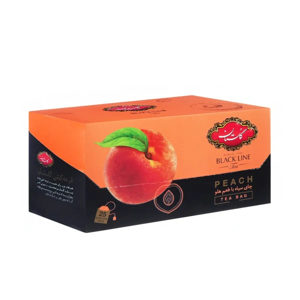 چای سیاه کیسه ای " طعم دار هلو " گلستان - ( چای خارجی، تی بگ پاکتی نارنجی ) چای سی تی سی " CTC " هندوستان و کنیا با طعم هلو ( حاوی 25 عدد چای کیسه ای )